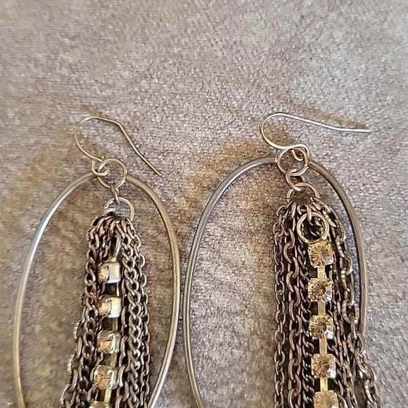 3/$30 Vtg Bronze Oval Rhinestone Chain Fringe Dangle Hook Festival Earrings - Picture 4 of 5
